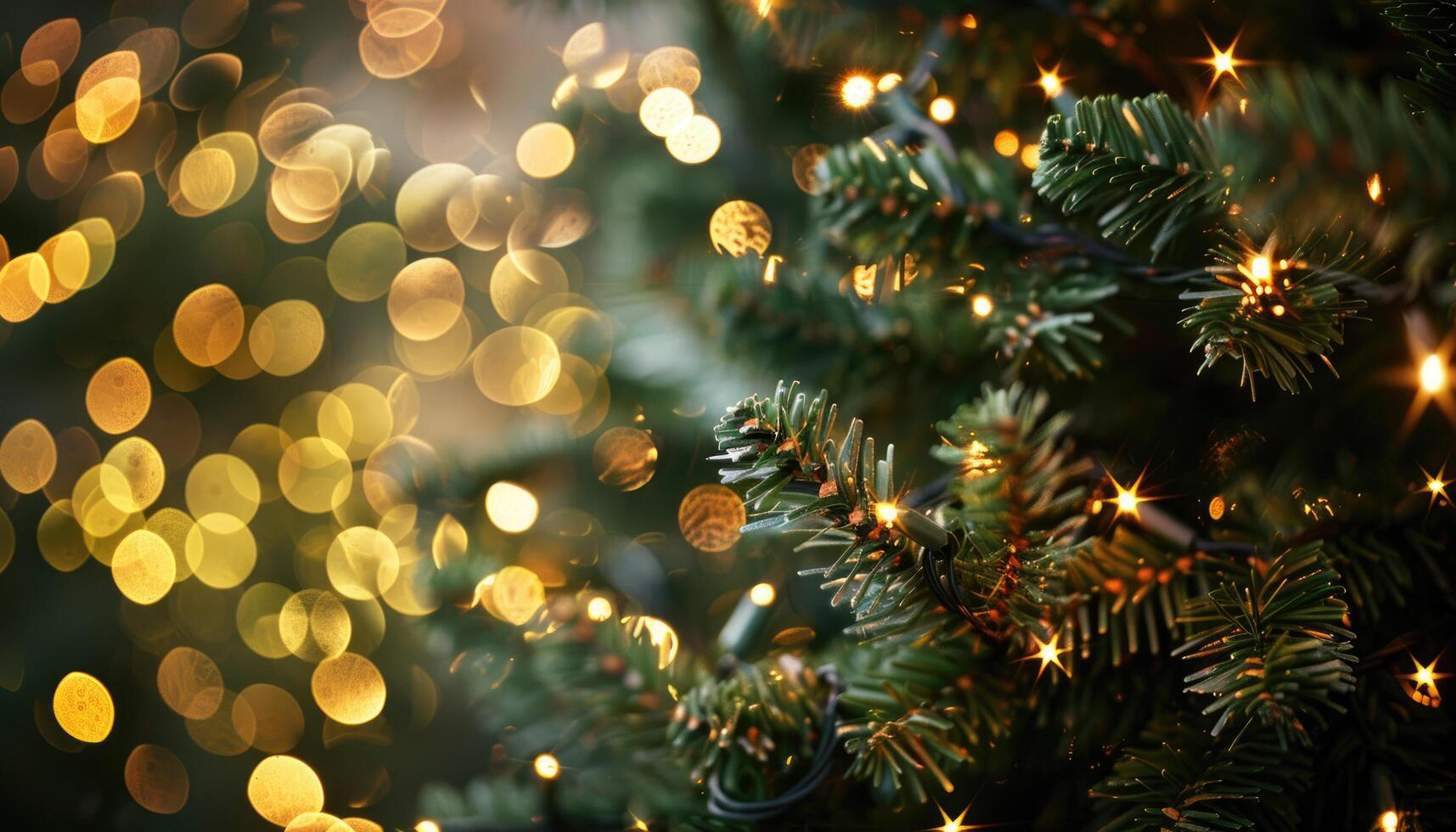Close-up of a Christmas Tree Branch with String Lights and Bokeh photo