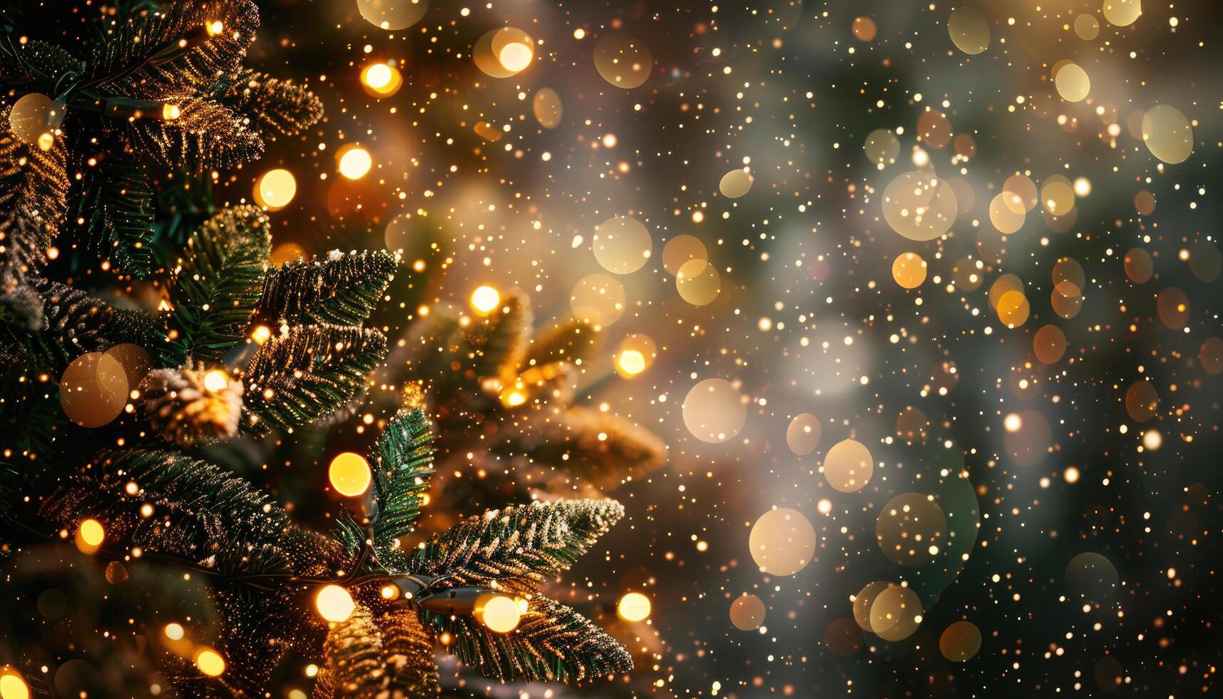 A Festive Christmas Tree Branch with Golden Lights and Bokeh Effect photo