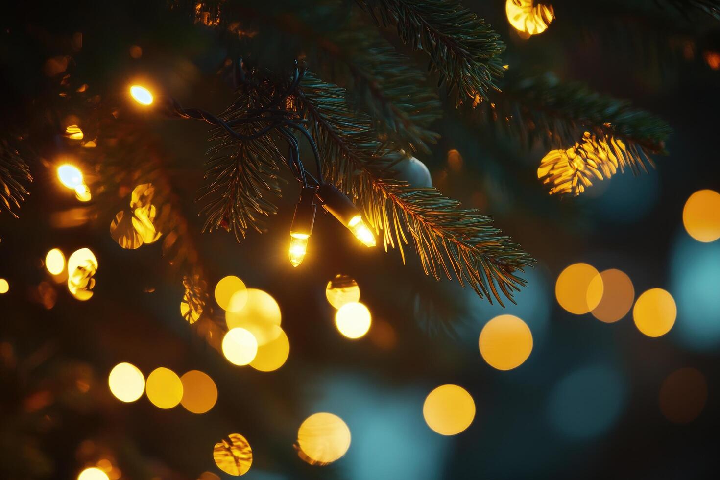 Christmas Lights on a Pine Branch with Bokeh Effect photo