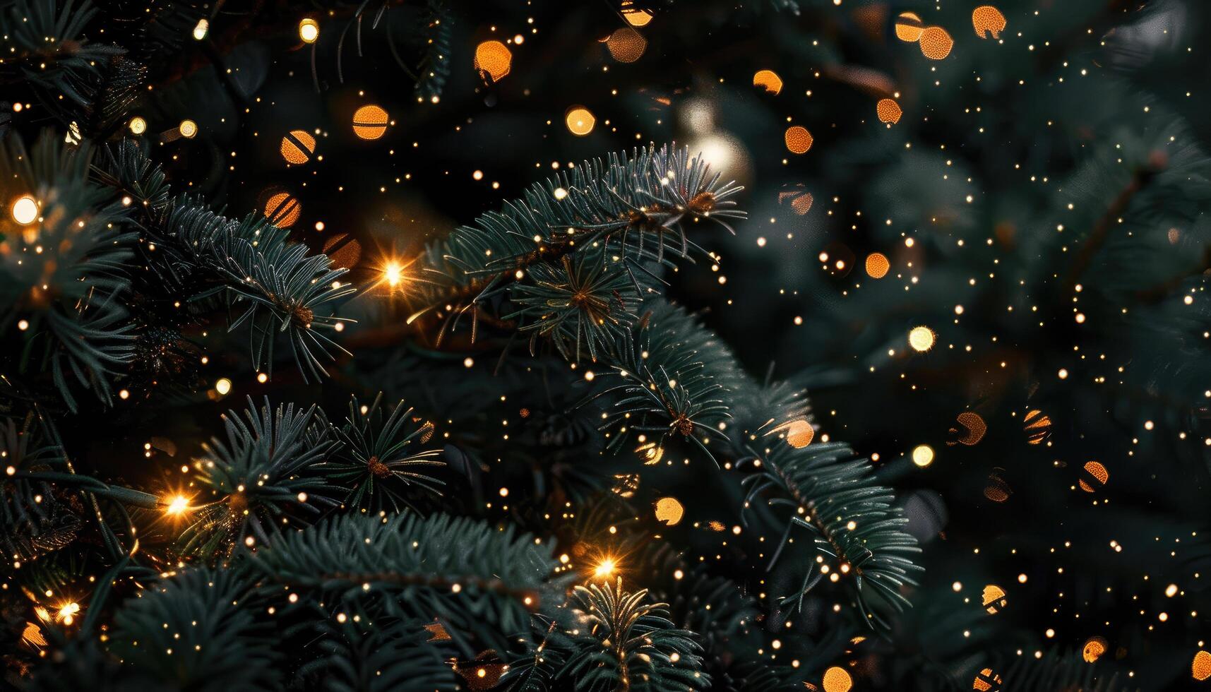 Close-Up of a Pine Tree Branch Decorated with Warm Golden Lights photo