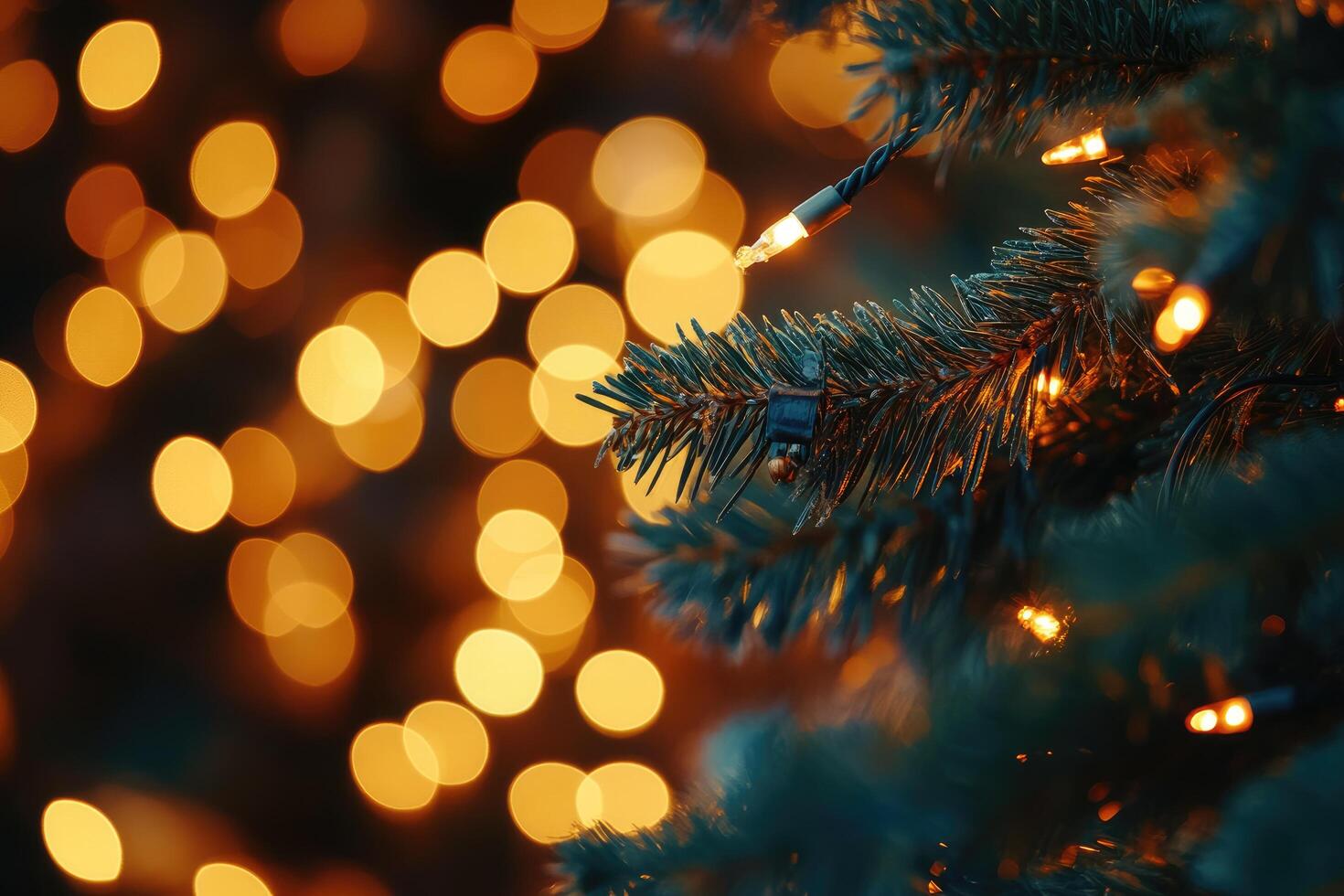 Close-up of a Christmas Tree Branch with Lights and Bokeh Background photo