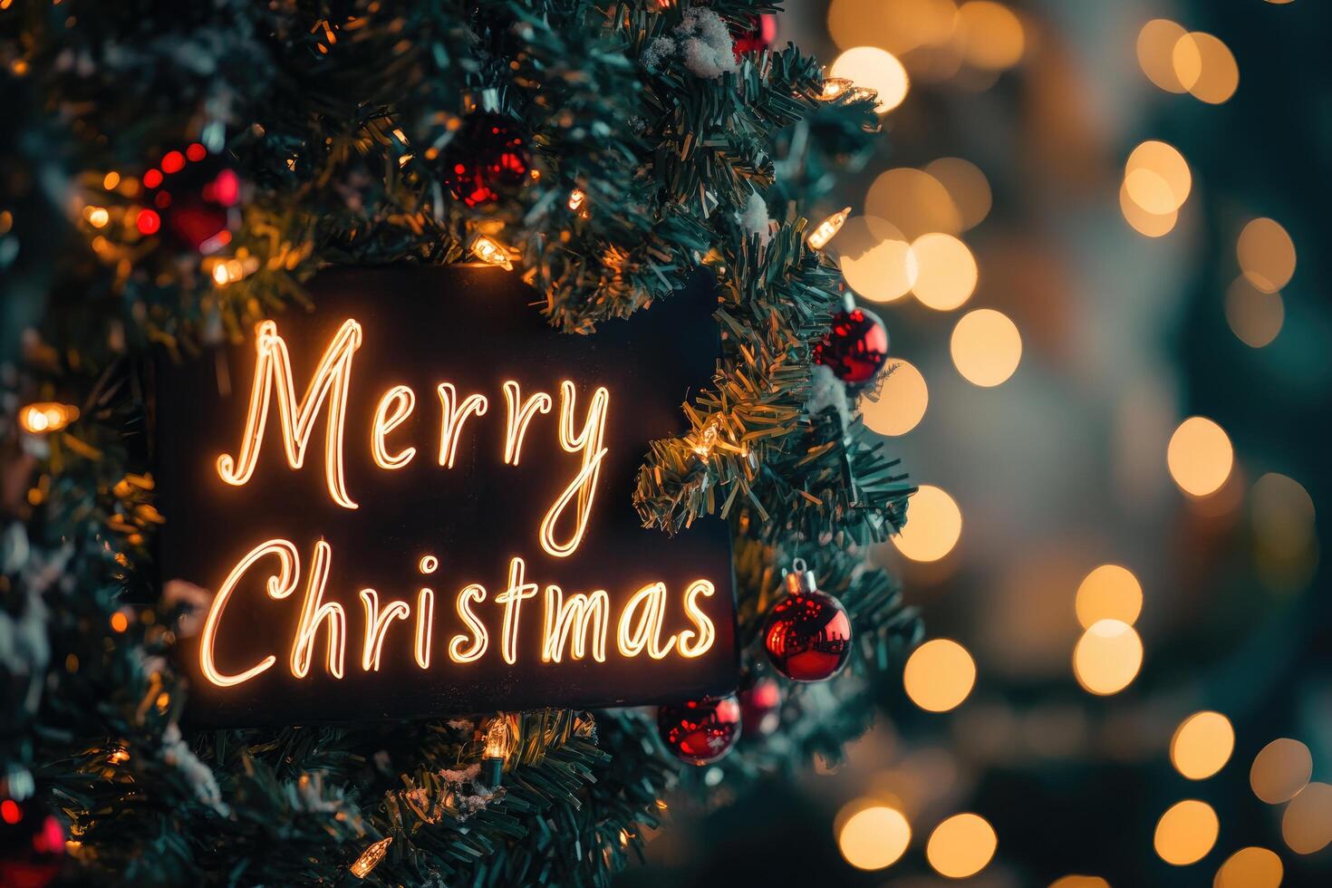 Neon Merry Christmas Sign on a Christmas Tree photo