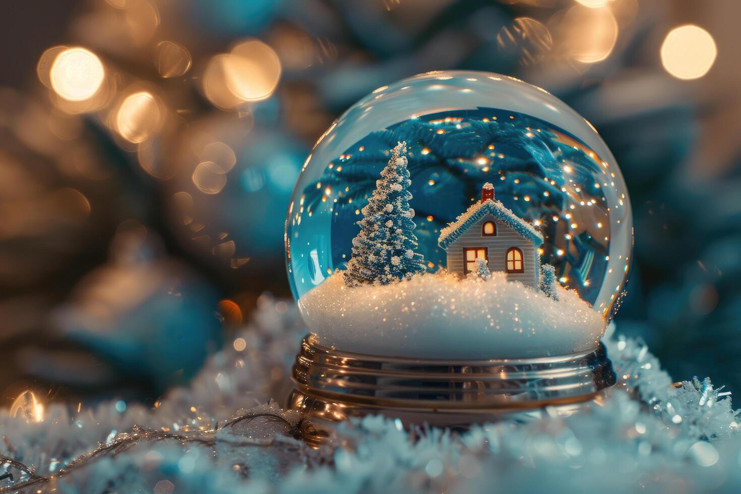 A miniature house and pine tree inside a snow globe with a bokeh background. photo