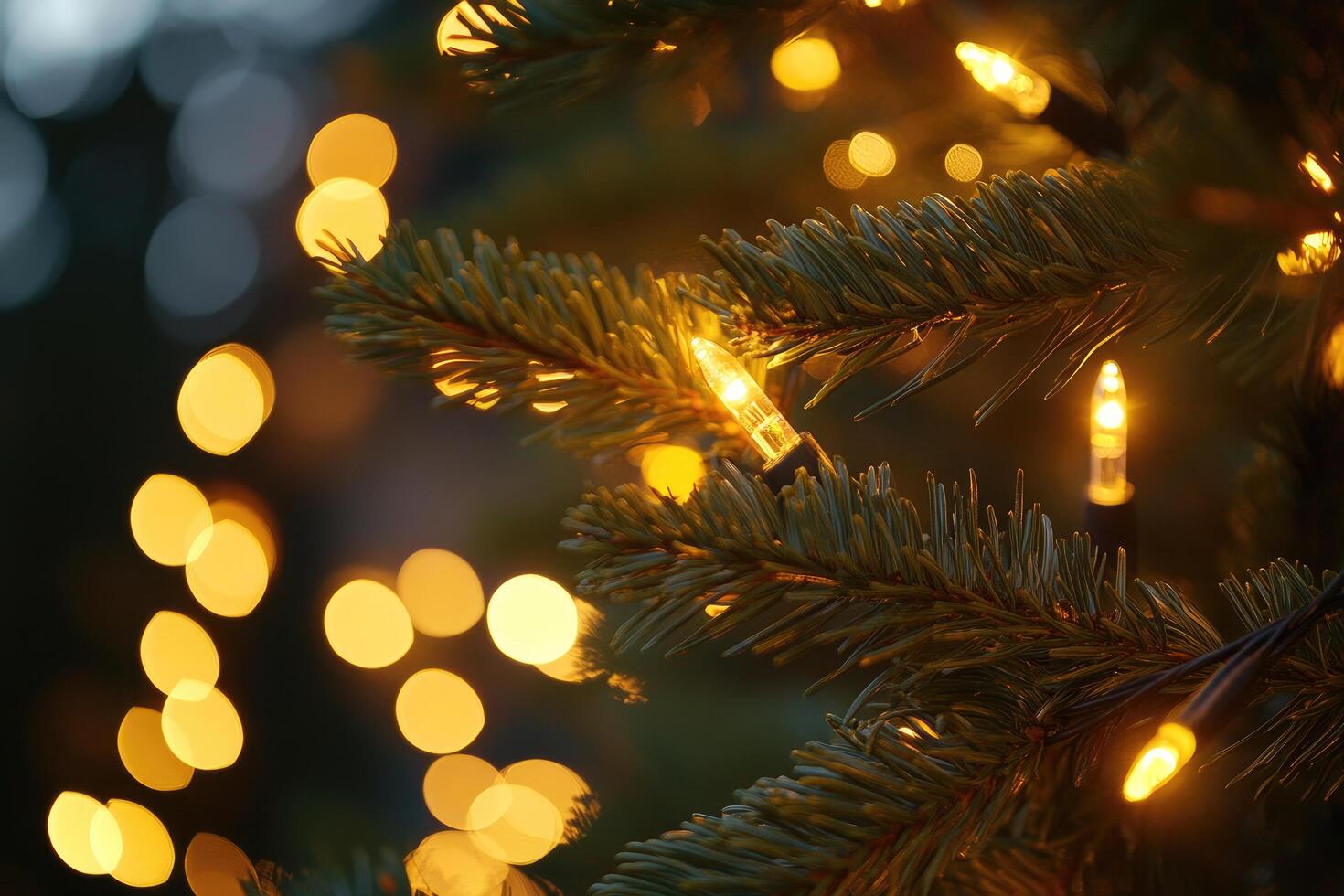 Close-up of a Christmas Tree Branch with Illuminated Lights photo