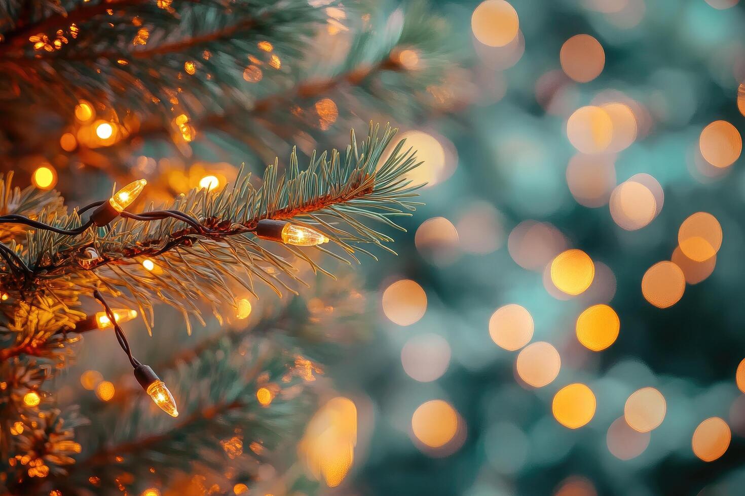 Close-up of Pine Tree Branch with Warm String Lights and Bokeh Background photo