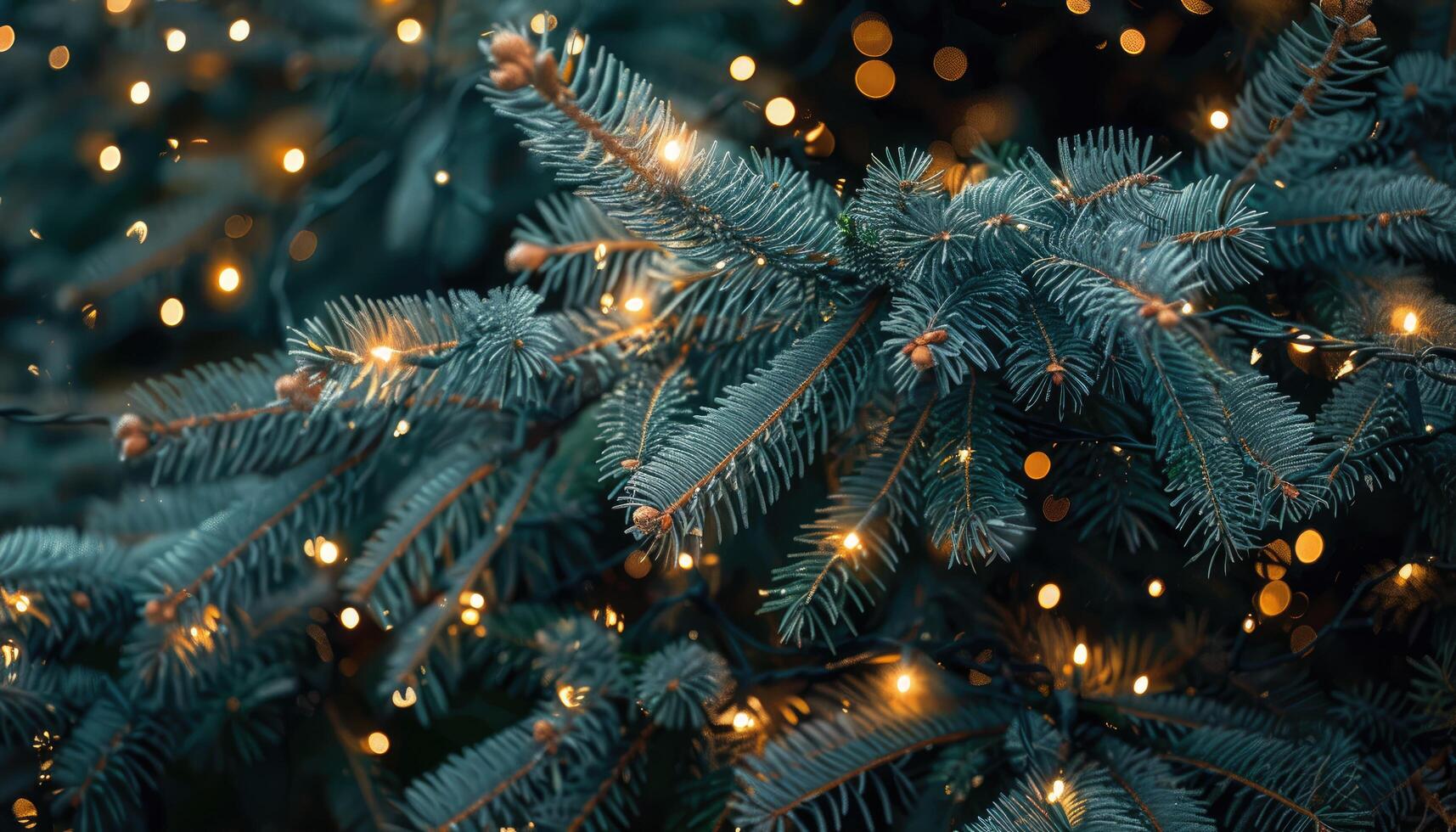 Close-up of a Blue Spruce Tree Branch with Golden Lights photo