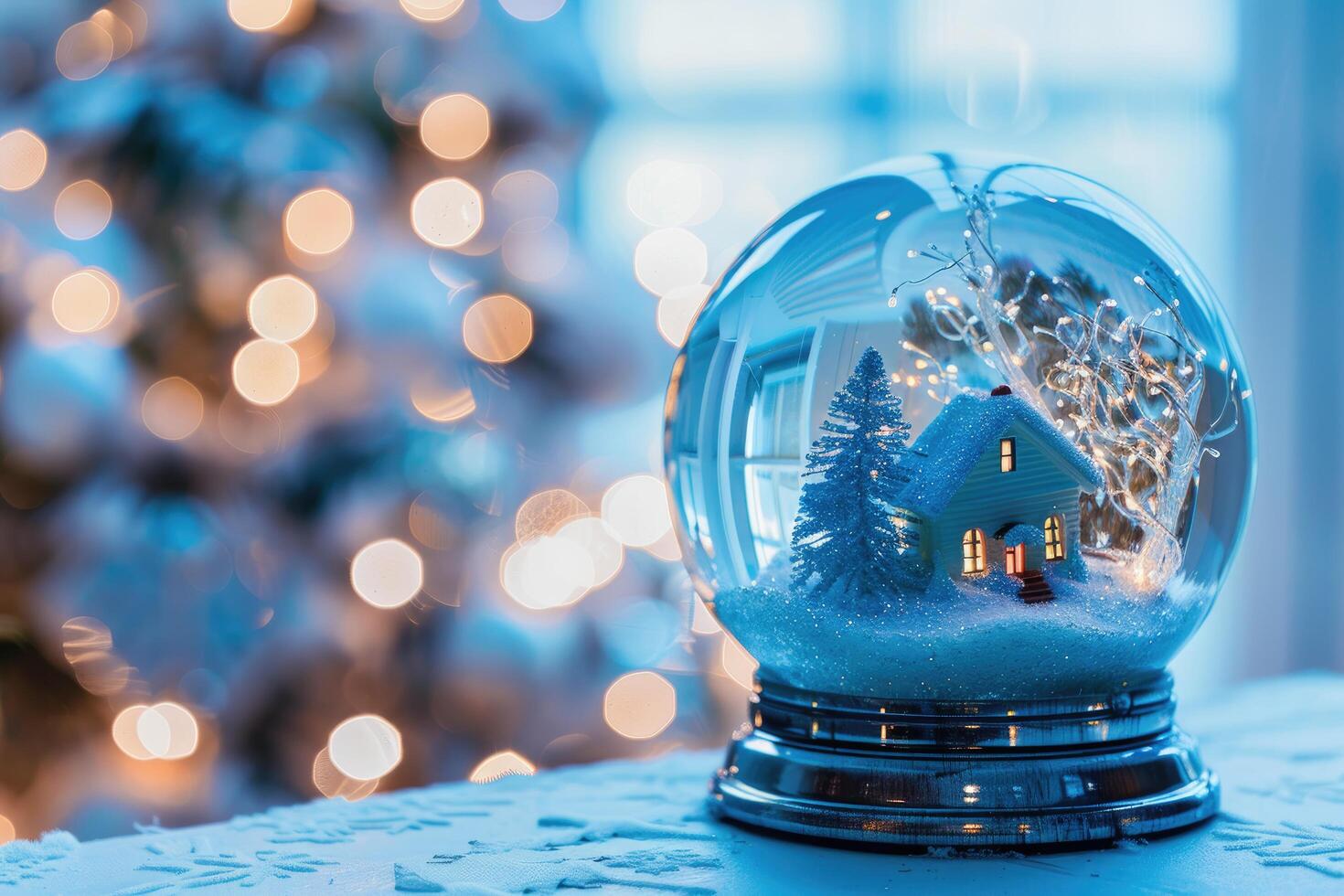 Snow Globe with Miniature House and Pine Tree Against Bokeh Lights photo