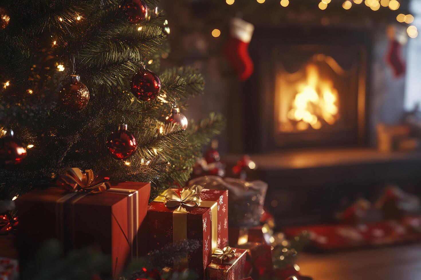 Christmas tree with presents in front of a fireplace photo