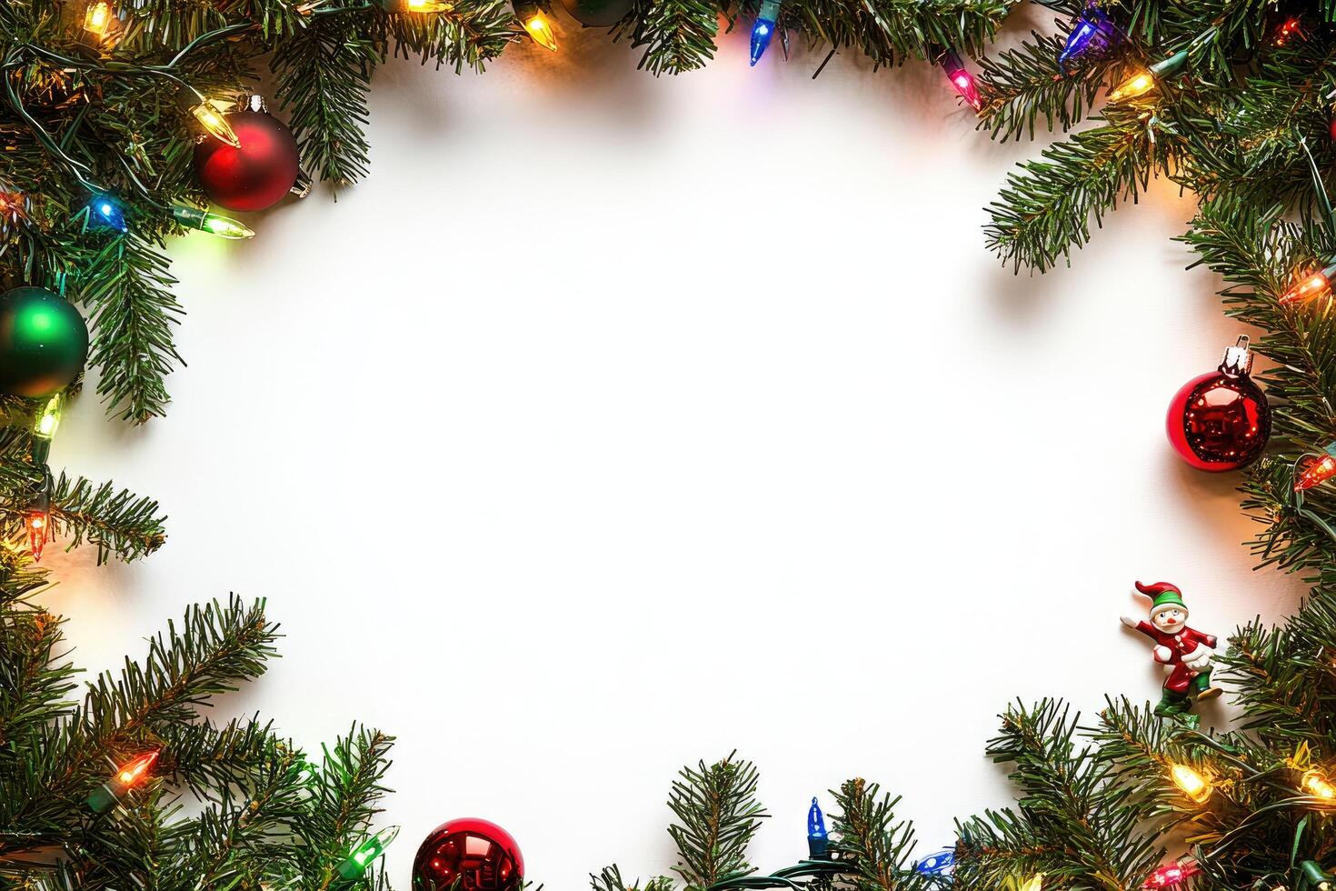 Festive Christmas Tree Branch Frame with Ornaments and Lights photo