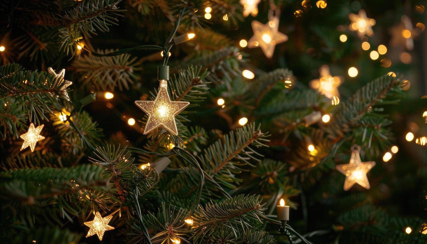 A Close-up View of a Christmas Tree Decorated with String Lights and Star-Shaped Ornaments photo