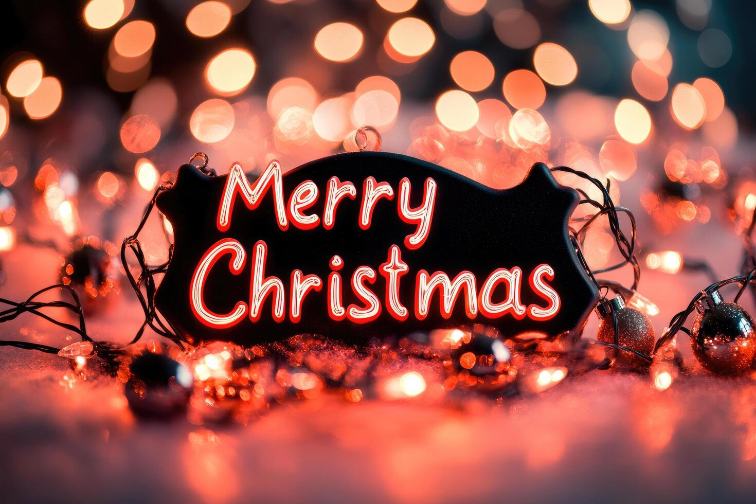 Red Neon Merry Christmas Sign With String Lights and Bokeh photo