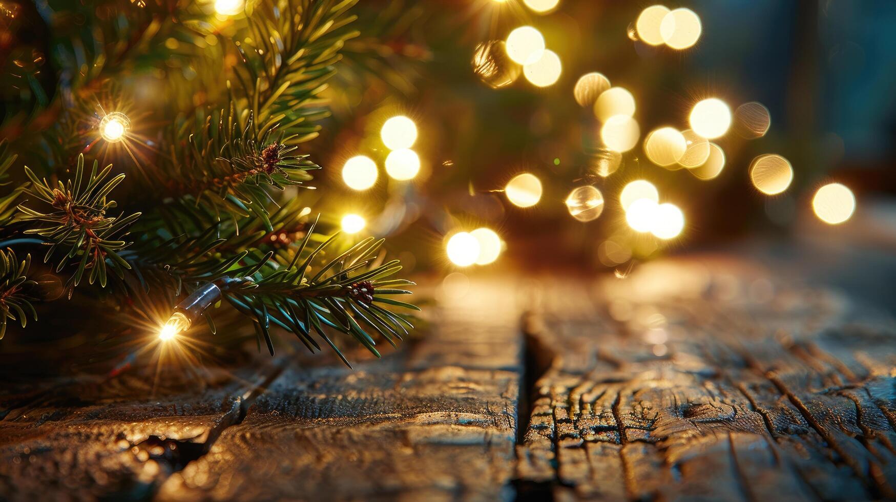 Close-up of Pine Branch with Twinkling Lights on Rustic Wooden Surface photo