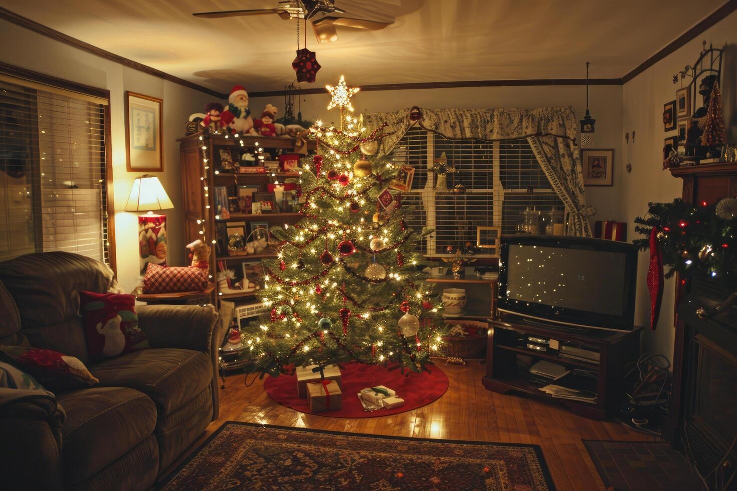 A Cozy Christmas Living Room with a Decorated Tree and Gifts photo