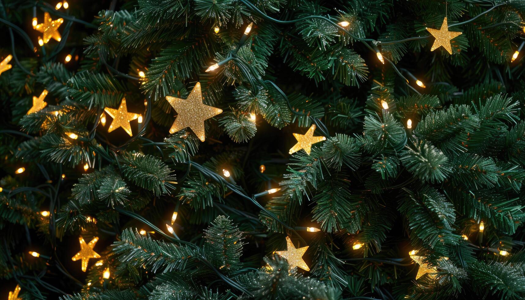 A Close-Up of a Christmas Tree Decorated with Golden Stars and String Lights photo