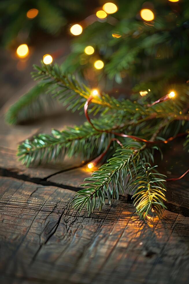 Evergreen Branch with String Lights on Rustic Wooden Surface photo