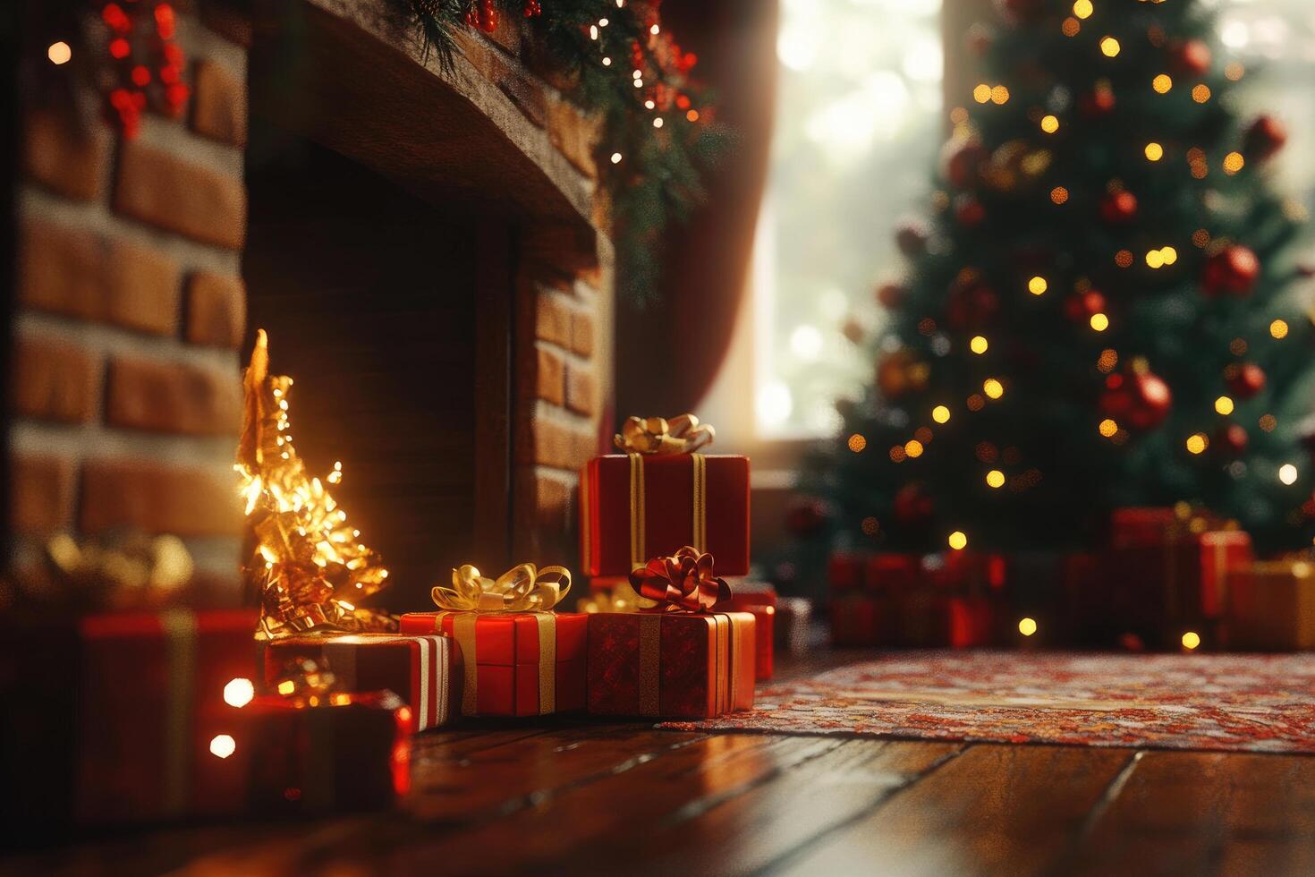 Christmas Presents by Fireplace and Christmas Tree photo