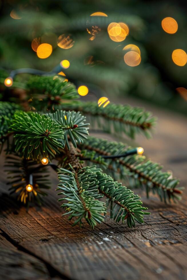 Evergreen Branch with String Lights on Weathered Wood photo