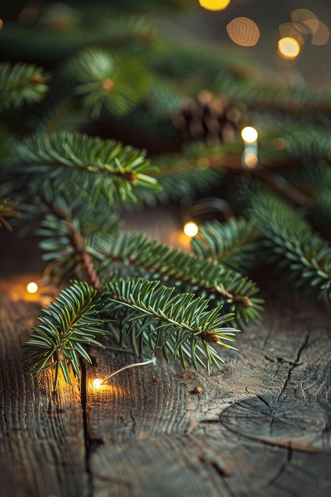 Close-up of Pine Branch with Fairy Lights on Rustic Wood photo