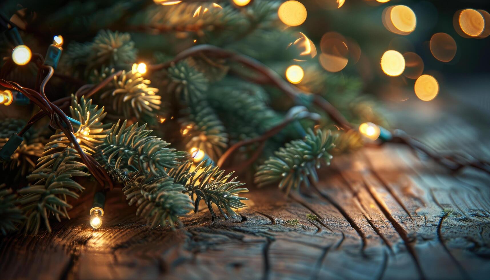 Evergreen Branches with String Lights on a Wooden Surface photo