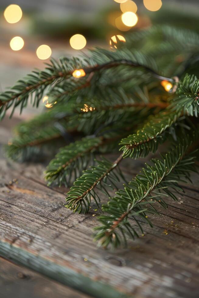Close-up of a Pine Branch with String Lights on a Rustic Wooden Surface photo