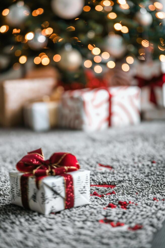 A single gift with a red bow in front of a blurred Christmas tree photo