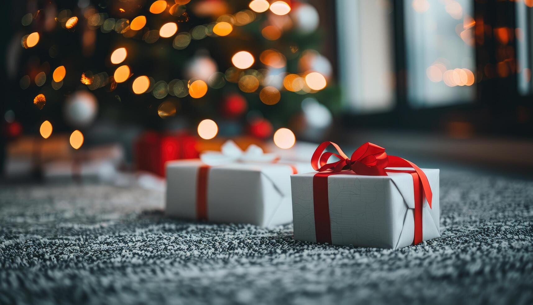 A White Gift Box with Red Ribbon in Front of a Blurred Christmas Tree photo