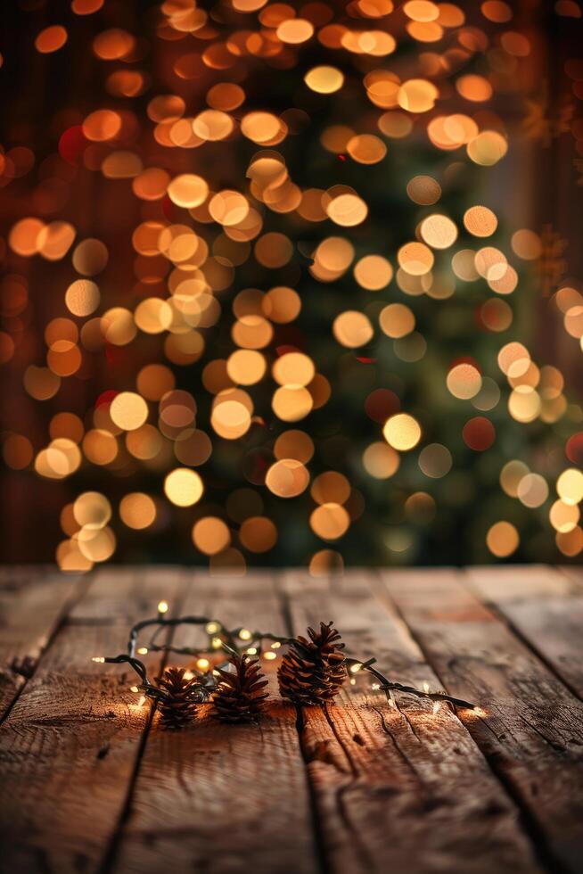 Pine Cones and Fairy Lights on a Rustic Wooden Table with a Christmas Tree Background photo