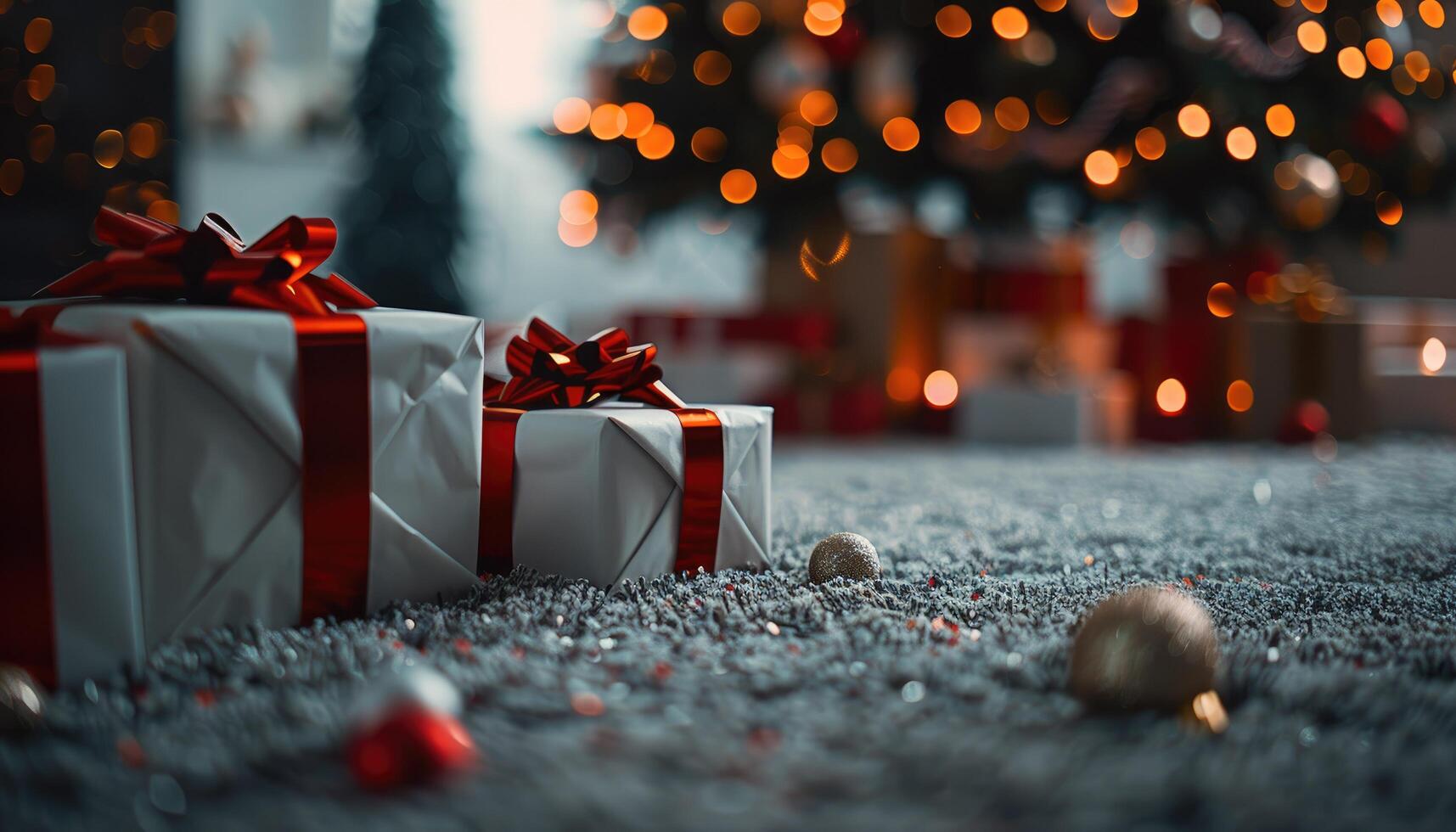 Christmas Gifts Under a Decorated Tree with Bokeh Lights photo