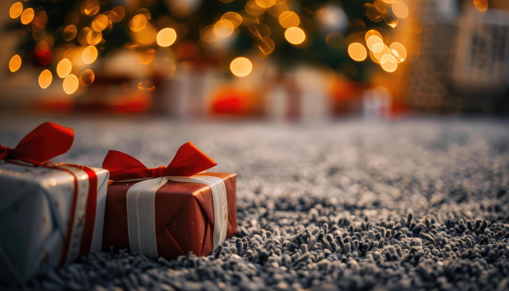 Gift Boxes with Red Bows on a Shaggy Carpet with Blurry Christmas Lights in the Background photo