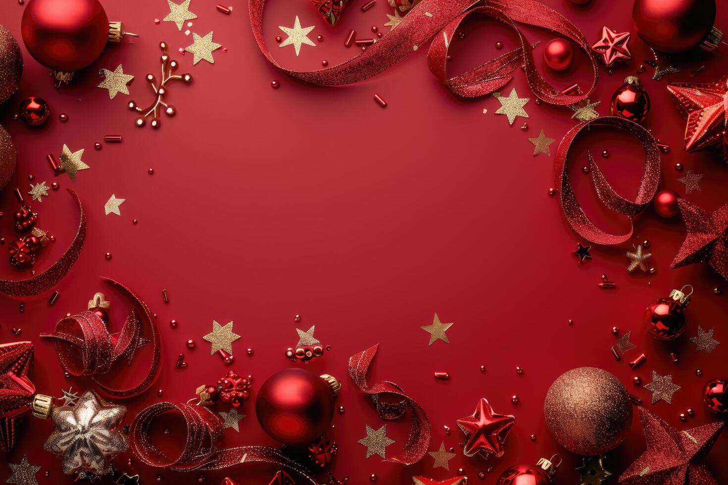Red and Gold Christmas Decorations on a Red Background photo