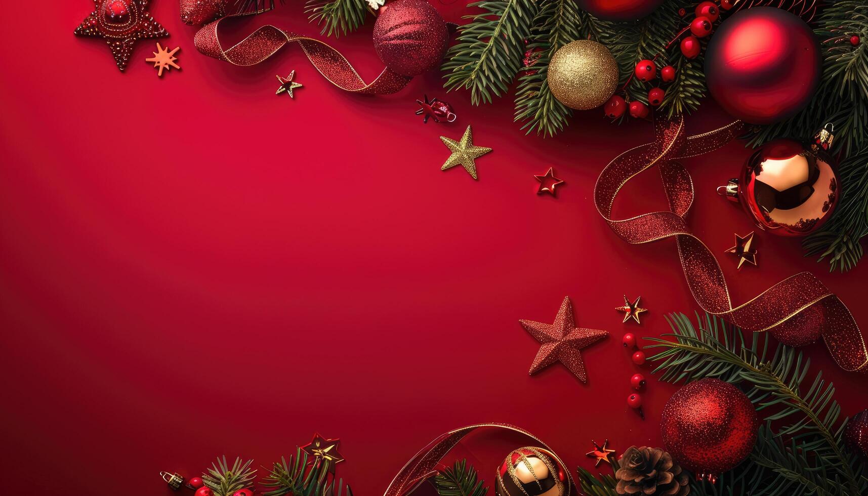 Red and Gold Christmas Ornaments with Pine Sprigs on a Red Background photo