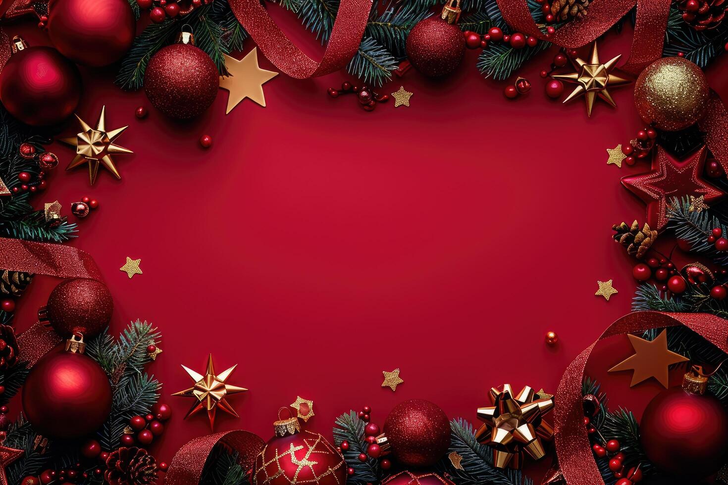 Christmas Ornament Border on Red Background photo