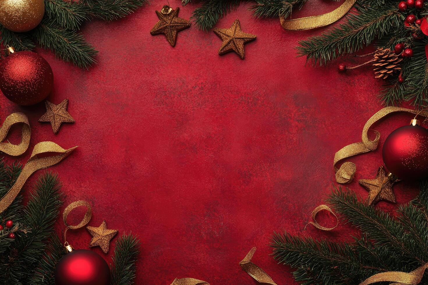 Red and Gold Christmas Decorations Frame with Copy Space photo