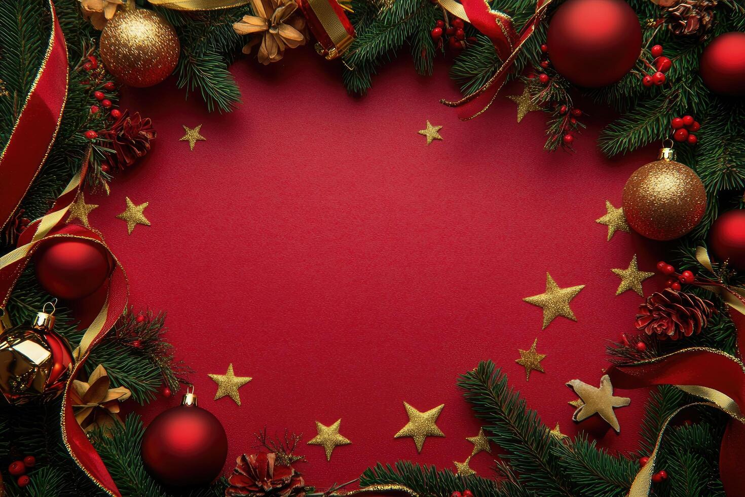 Christmas Ornament Border on a Red Background photo