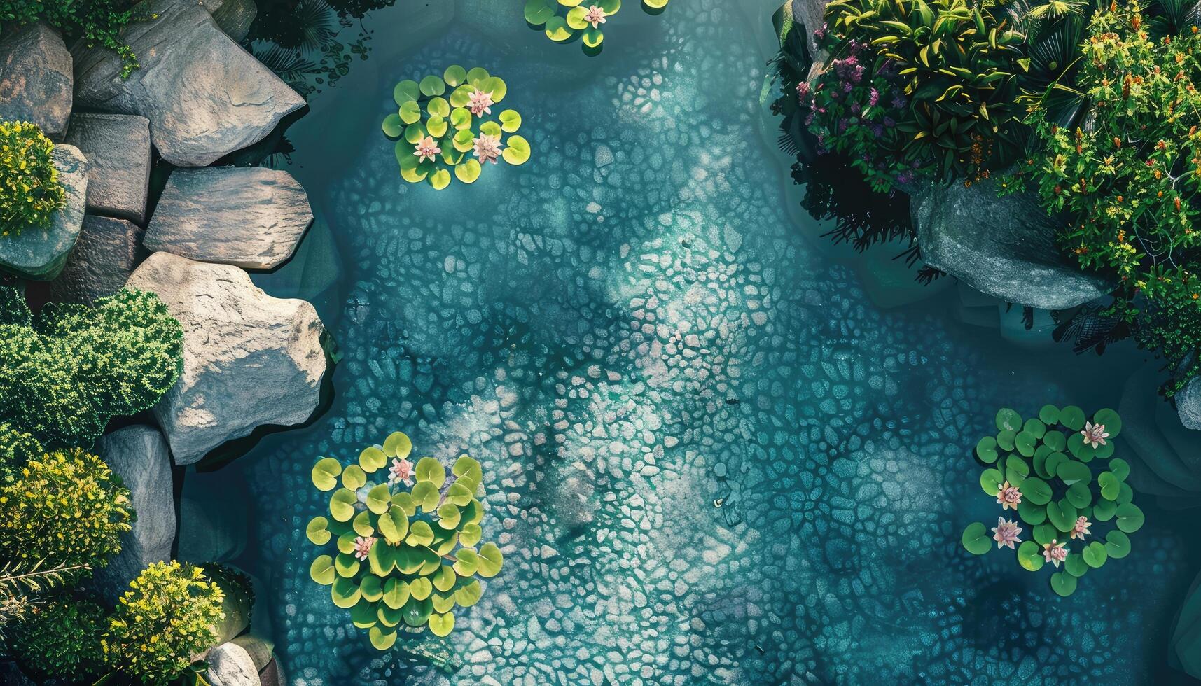 An Overhead View of a Serene Pond with Water Lilies and Rocks photo