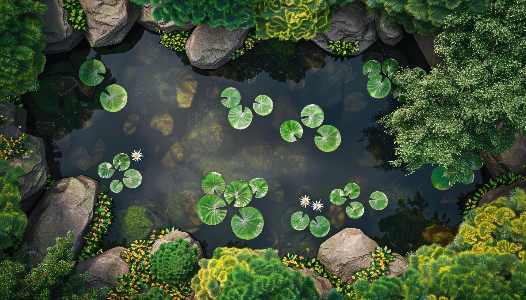 Aerial View of a Tranquil Pond Surrounded by Lush Greenery and Rocks photo