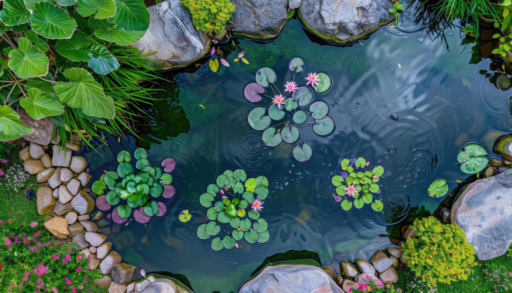An aerial view of a small pond surrounded by greenery and stones photo