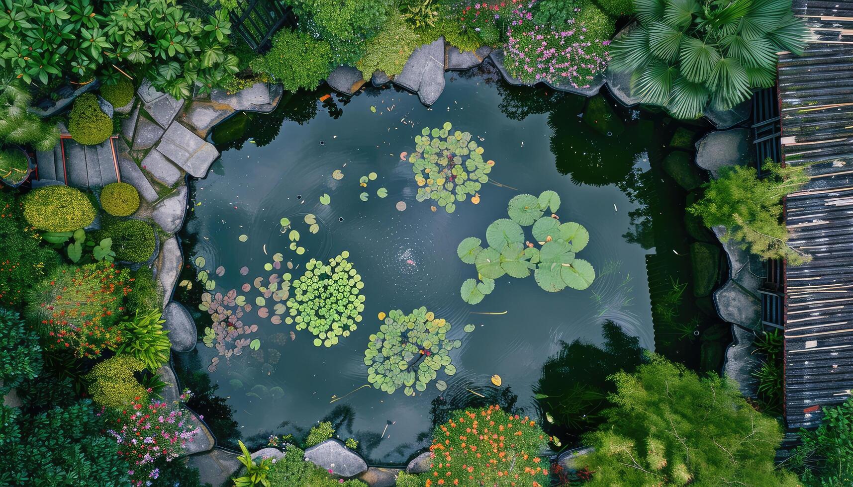 Aerial View of a Pond with Lily Pads and Surrounding Greenery photo