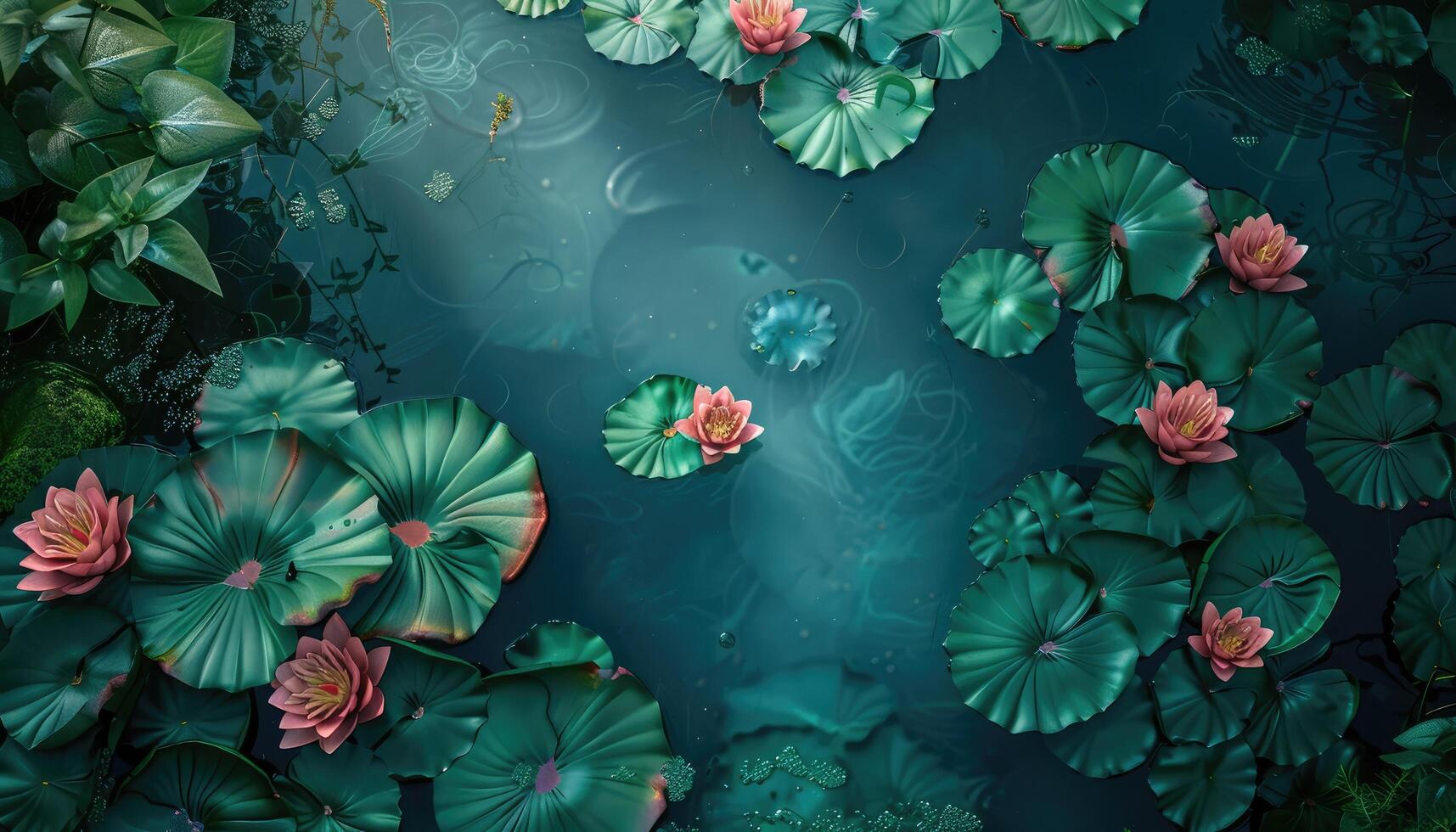 Lush Green Lily Pads and Pink Water Lilies in a Calm Pond photo