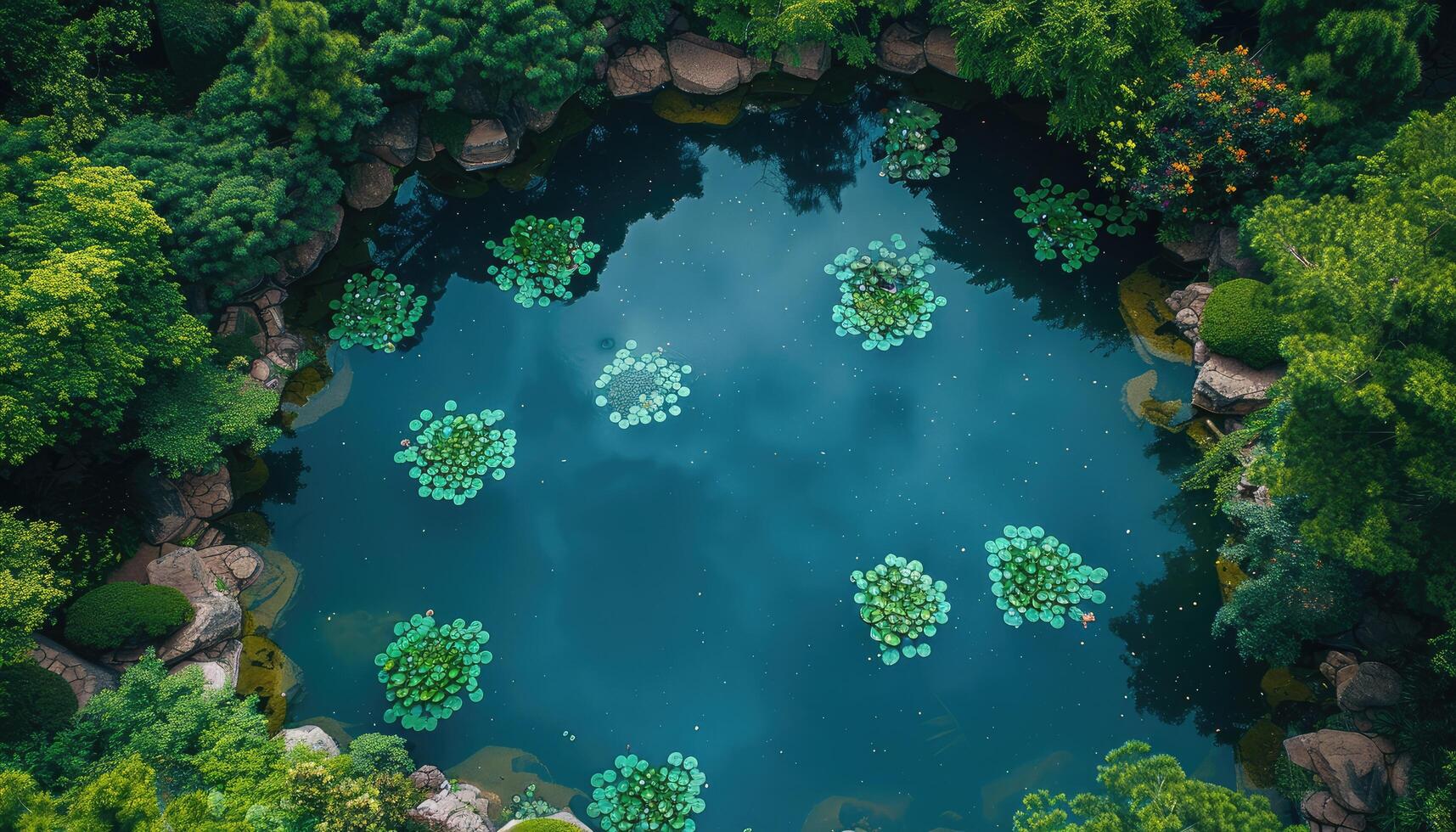 Aerial View of a Pond Surrounded by Lush Green Trees and Rocks photo