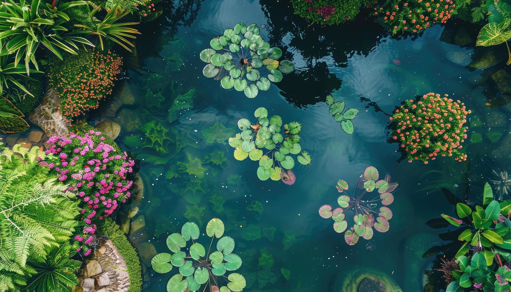 Aerial View of a Pond with Water Lilies and Surrounding Greenery photo