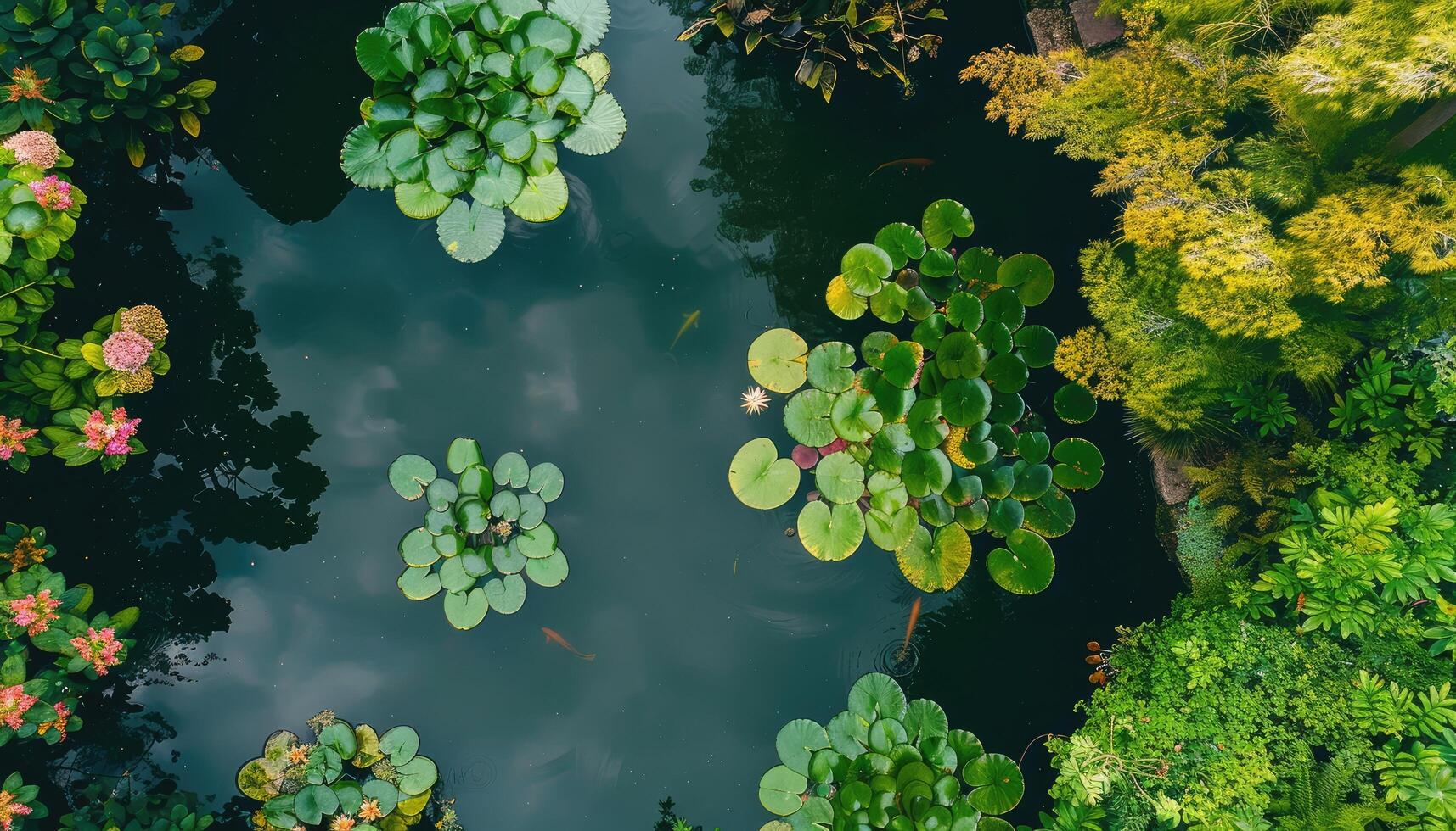 Aerial View of a Lush Pond with Lily Pads and Goldfish photo