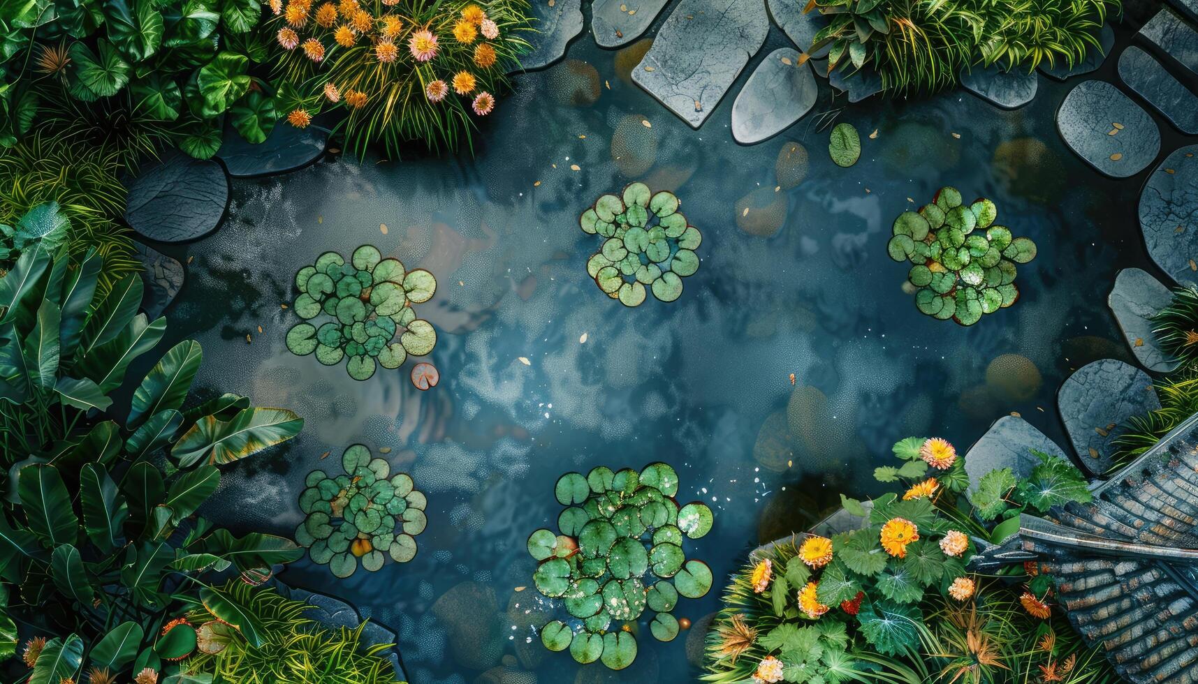 Aerial View of a Pond with Lily Pads and Surrounding Greenery photo