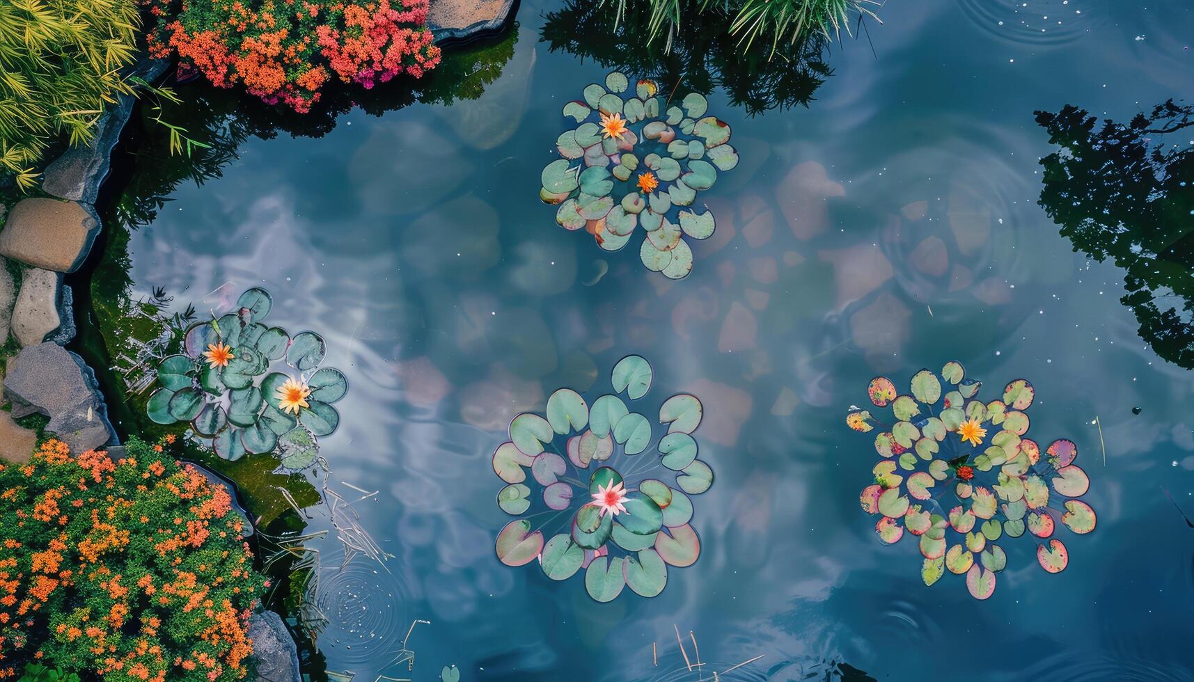 Overhead View of Water Lilies and Lily Pads in a Pond photo