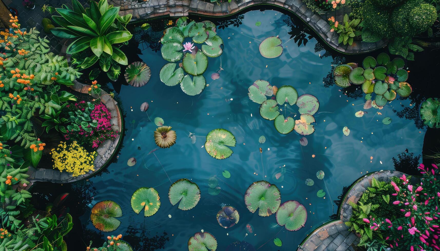 An aerial view of a pond with lush green lily pads and a vibrant flower display surrounding it. photo