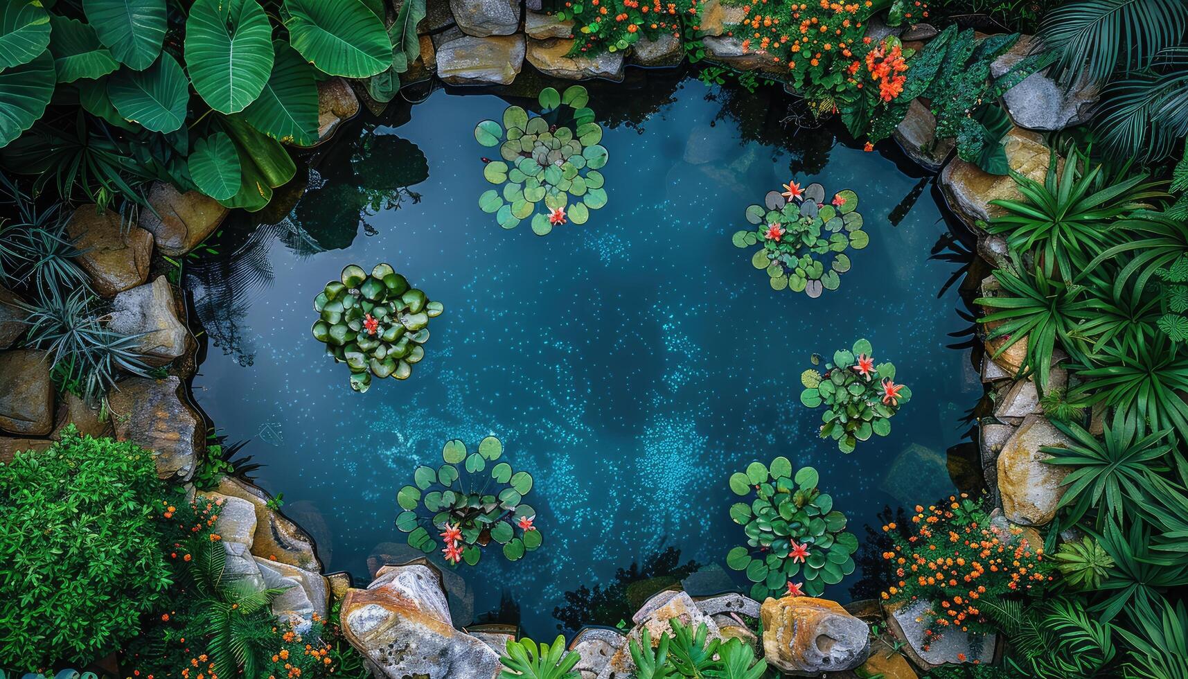 Overhead View of a Pond with Water Lilies and Surrounding Foliage photo