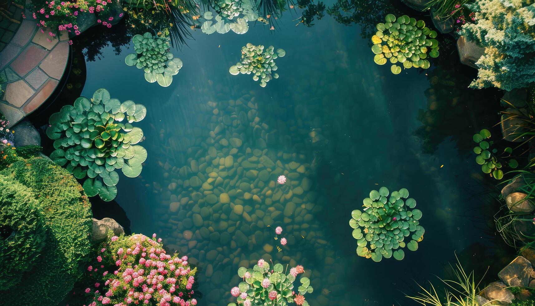 Overhead View of a Pond with Lily Pads and Pebbles photo