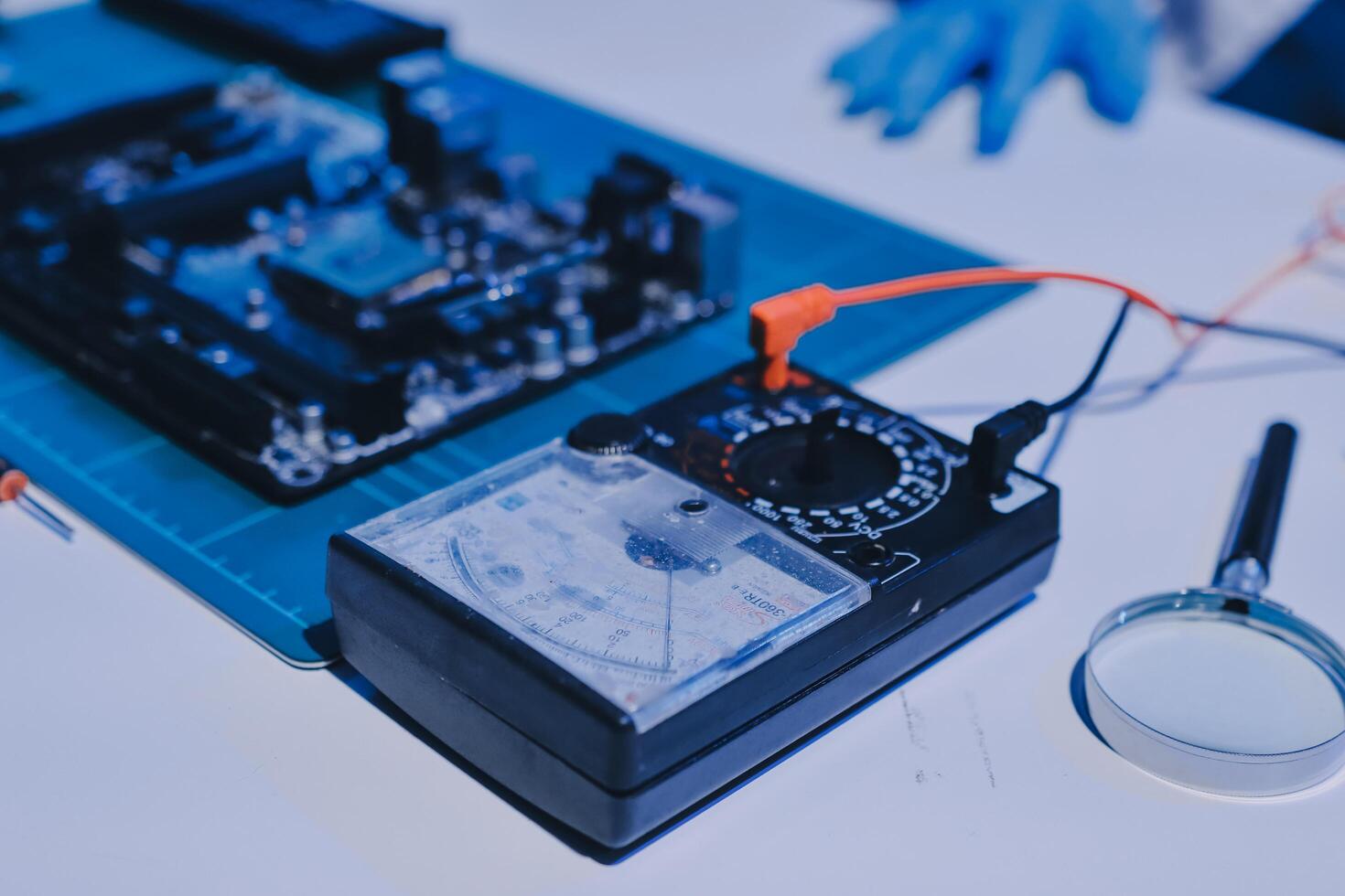 Electronics technician, electronic engineering electronic repair, electronics measuring and testing, repair and maintenance concepts. photo