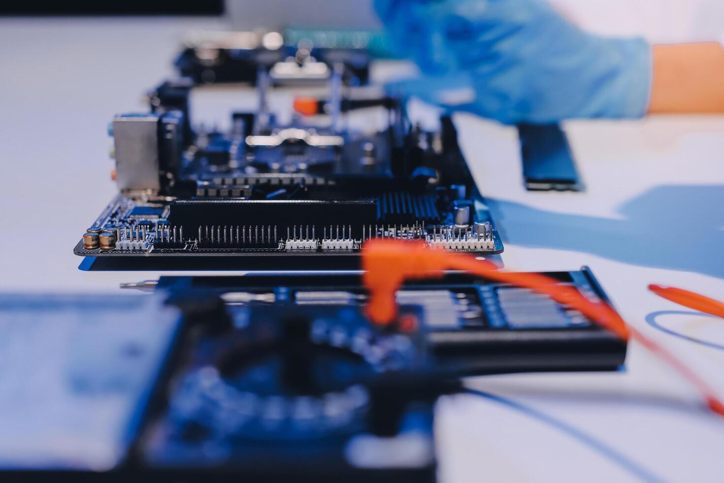 Electronics technician, electronic engineering electronic repair, electronics measuring and testing, repair and maintenance concepts. photo