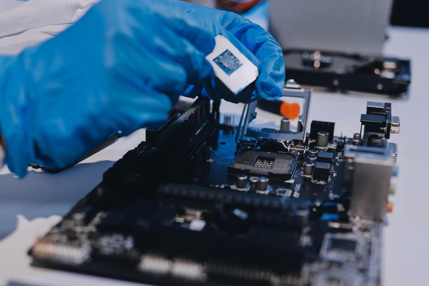 Electronics technician, electronic engineering electronic repair, electronics measuring and testing, repair and maintenance concepts. photo
